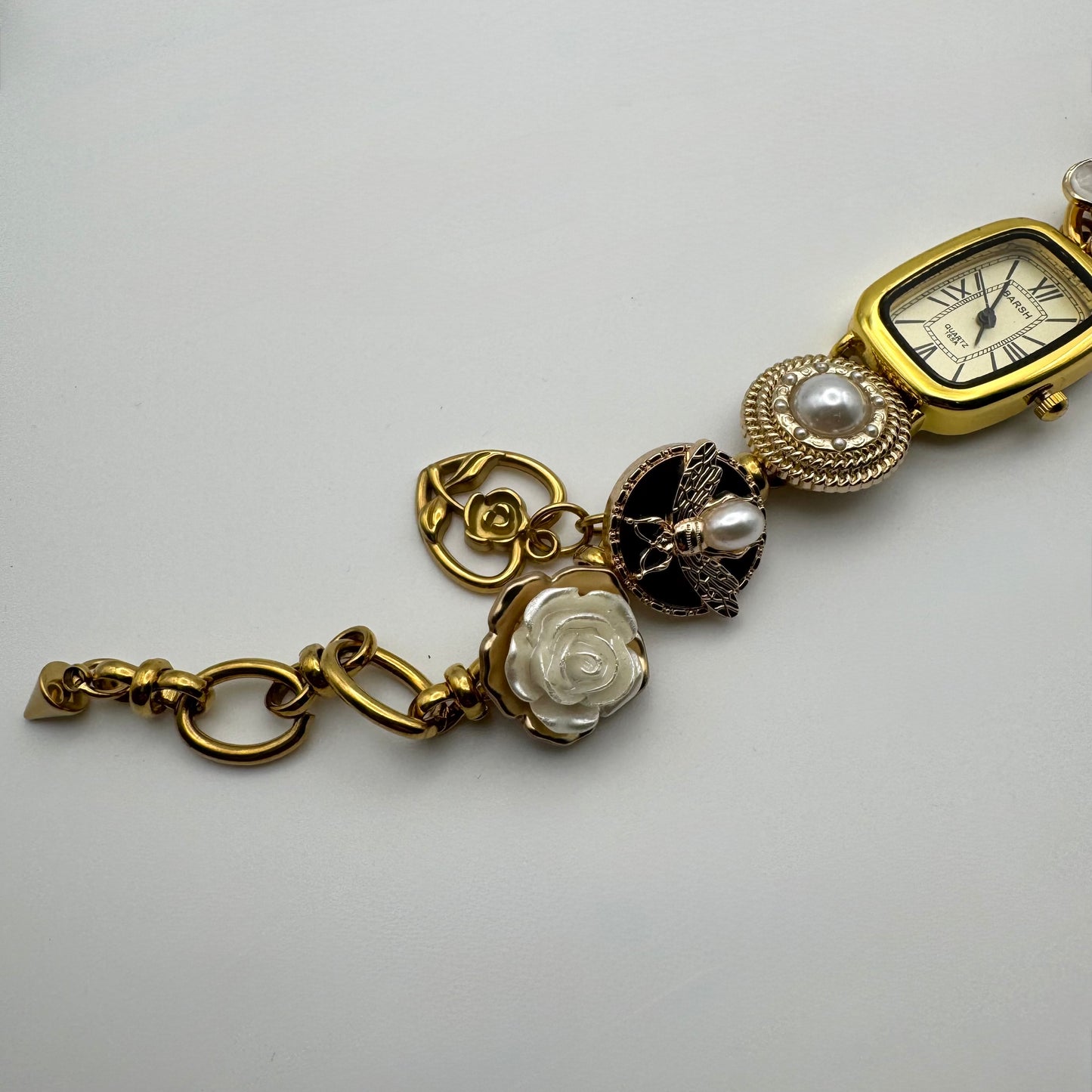 Gold watch with various charms - Flower charm - bee charm - rose charm - vintage styled watch - handmade