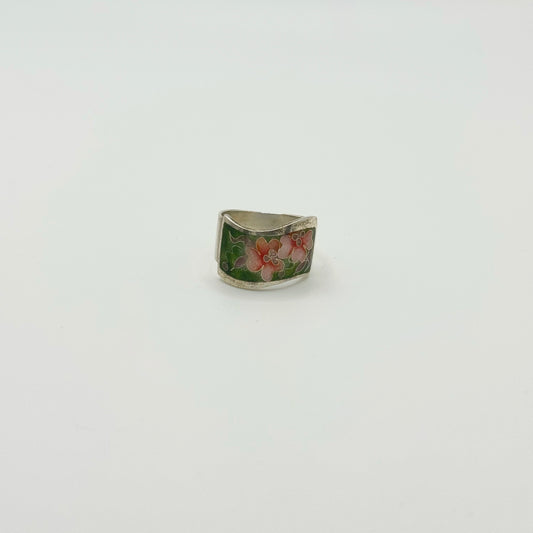 Real vintage silver rings - handpainted floral design - designer ring