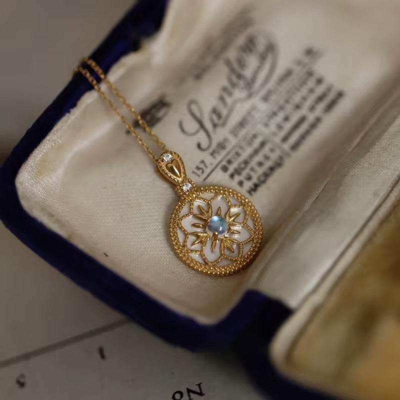 Gold moonstone necklace with real opal in the center - Vintage styled pendant - Gold plated sterling silver 